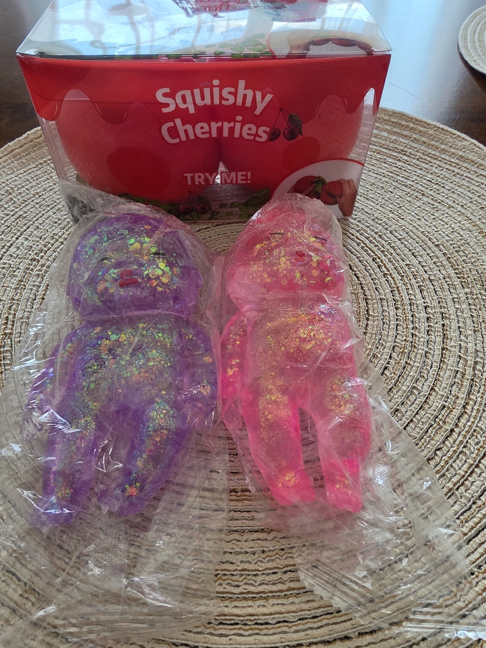 Cute Kawaii Squishy Cherries Box & Glitter Baby Bear 3-Piece Sensory Toy Gift